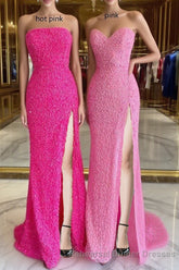 Strapless Pink Sequins Semi Formal Prom Dress with Slit,Sparkly White Night Dresses Party Event